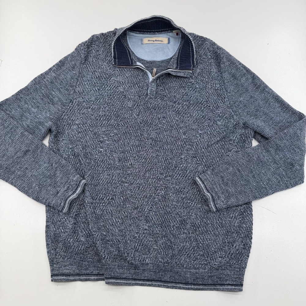 Tommy Bahama Mens XL Blue Pima Cotton Chevron Knit Quarter Zip Sweater Pullover